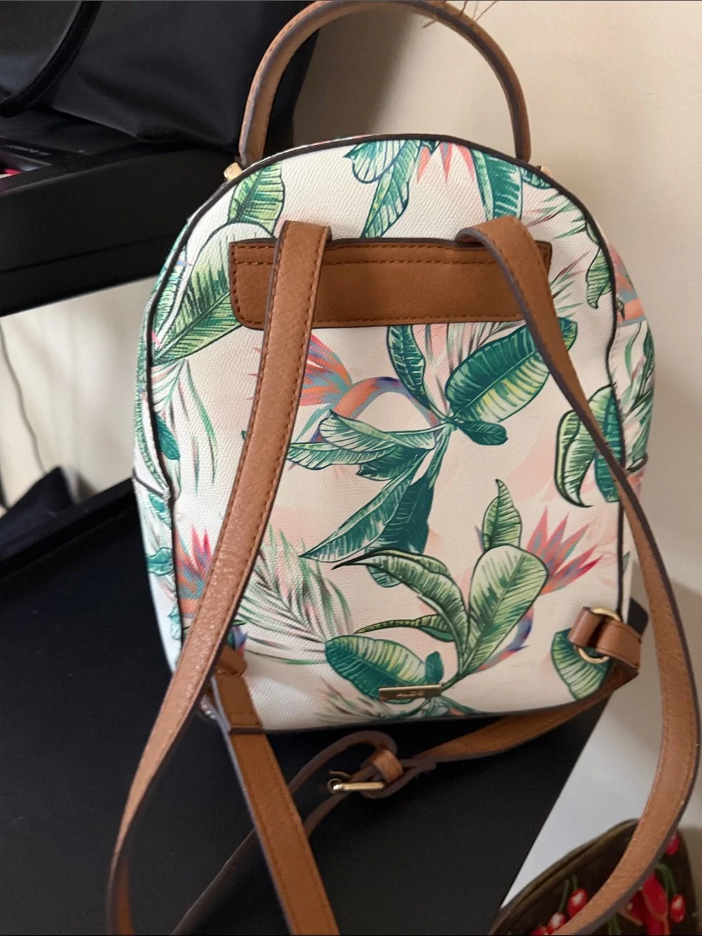 Aldo Tropical Leaf Print Mini Backpack - White, Green & Pink